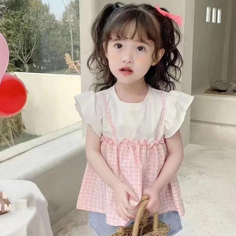Girls flying sleeve shirts tops summer new baby kids girls children's fashion stitching checkered loose t-shirts tops P4 709
Girls flying sleeve shirts tops summer new baby kids girls children's fashion stitching checkered loose t-shirts tops P4 709