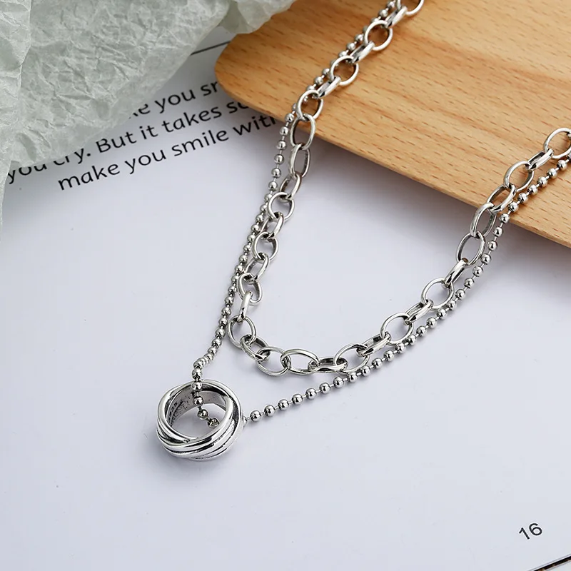 S925 Sterling Silver Double-layer Circle Pendant Necklace, Antique Tai Silver Round Beads for Women and Men
S925 Sterling Silver Double-layer Circle Pendant Necklace, Antique Tai Silver Round Beads for Women and Men