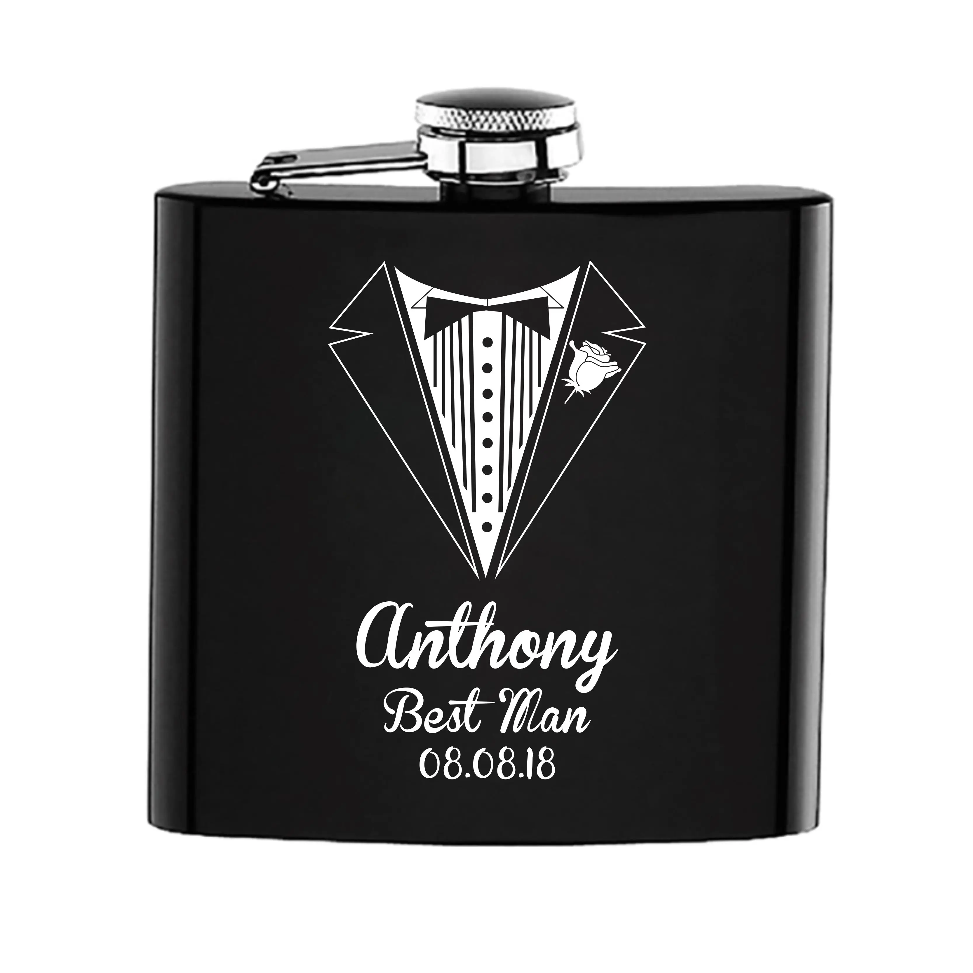 

1PCS Personalized Engraved Black 6oz Hip Flask Stainless Steel BestMan Groomsman Customized Logo Wedding party Gift Favors