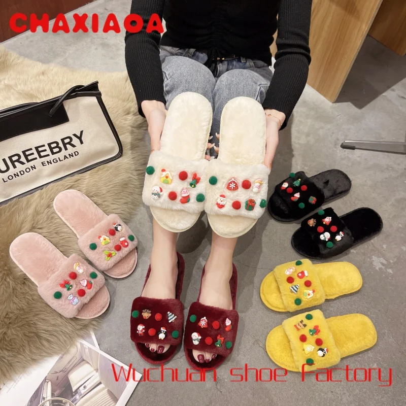 

2023 cheap ladies luxury fur indoor cotton Christmas slippers women's furry plush cotton home slippers