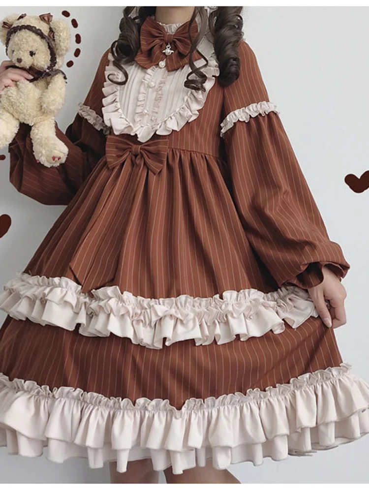 

Cute Women's Lolita OP Dress Flouncing Trim Japanese Harajuku Long Sleeves victorian dress Vestidos gothic lolita cosplay