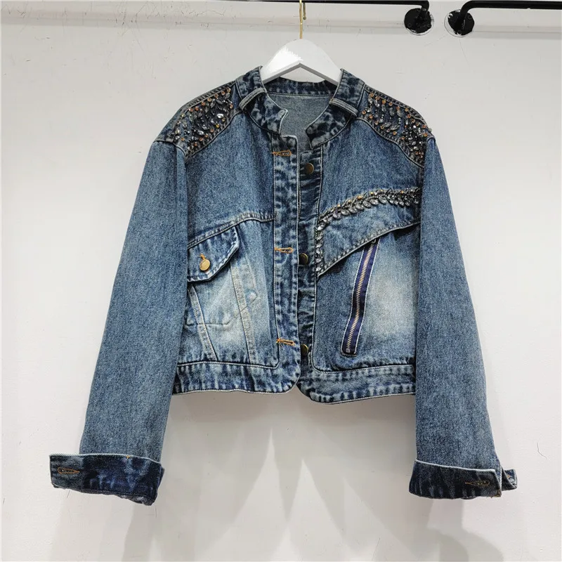Spring Fashion Beaded Diamond Short Jeans Jacket Stand-up Collar Single-breasted Long Sleeve Denim Jacket Casual Chaqueta Mujer
Spring Fashion Beaded Diamond Short Jeans Jacket Stand-up Collar Single-breasted Long Sleeve Denim Jacket Casual Chaqueta Mujer
