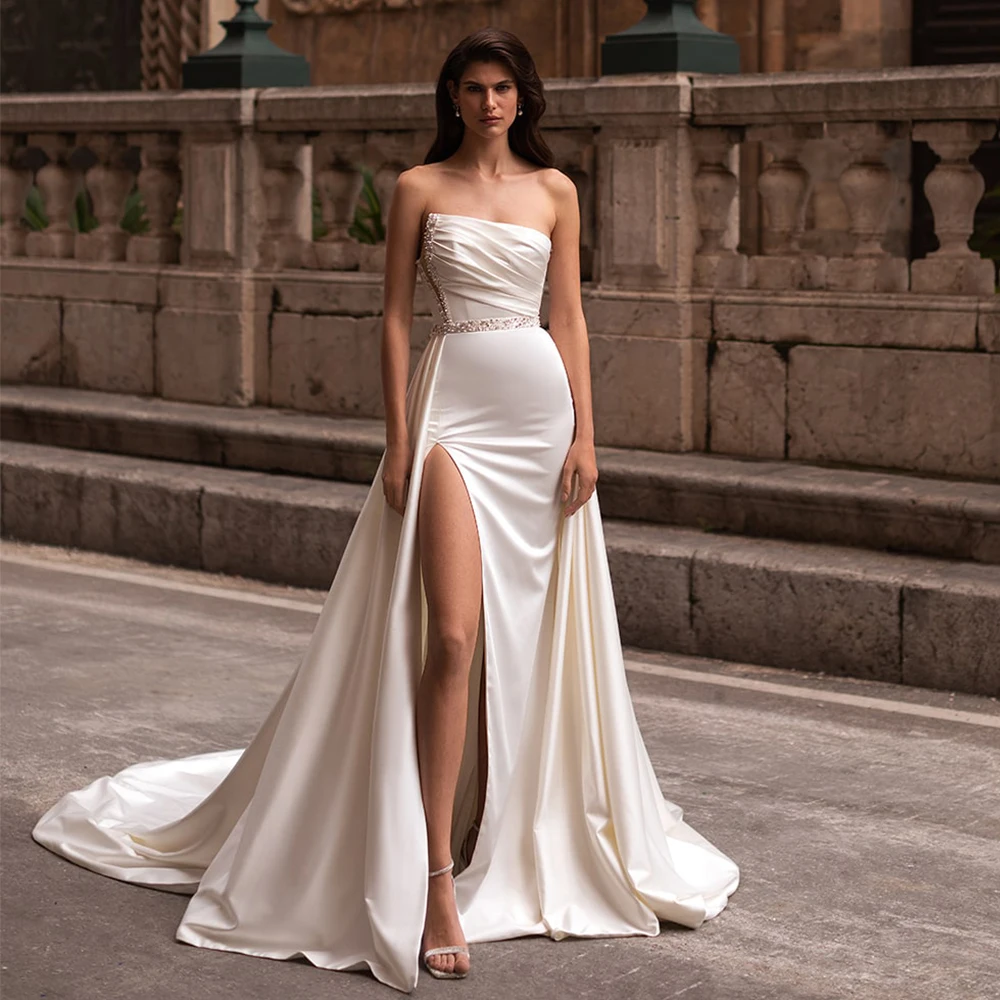 Modern Side Slit Wedding Dress Strapless Sleeveless Beading Mermaid Backless Bridal Floor Length Sweep Train Formal Zipper Gowns
Modern Side Slit Wedding Dress Strapless Sleeveless Beading Mermaid Backless Bridal Floor Length Sweep Train Formal Zipper Gowns