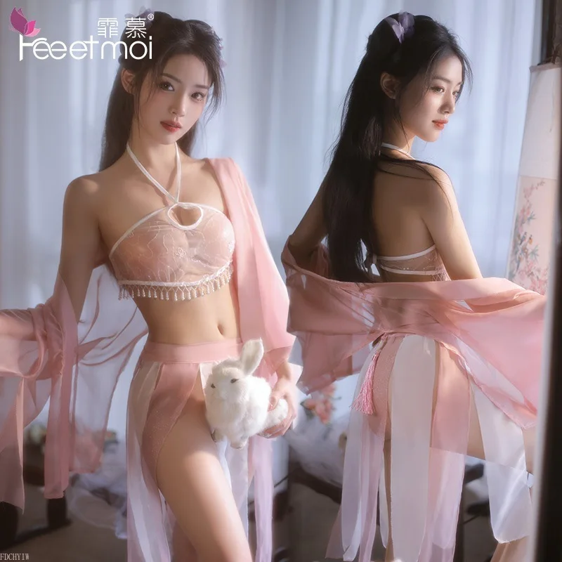 

Sexy Hanfu Cosplay Costumes Women's Traditional Bathrobe Mesh Chinese Ancient Perspective Sleepwear Nightgown Bandage Beaded Bra