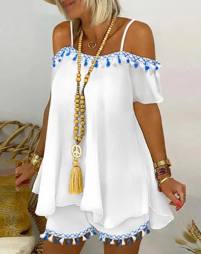 

Fashion Shorts Set 2023 Summer Cold Shoulder Short Sleeve Flowy Top Casual Tassel Design Daily Two Piece Sets Womens Outifits