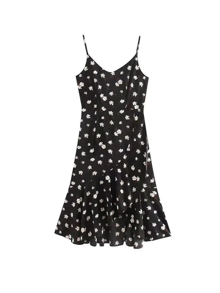 Summer Floral Print Spaghetti Strap Black Dress Women Sleeveless Backless Ruffles Irregular Hem A-line Midi Dresses 2022
Summer Floral Print Spaghetti Strap Black Dress Women Sleeveless Backless Ruffles Irregular Hem A-line Midi Dresses 2022