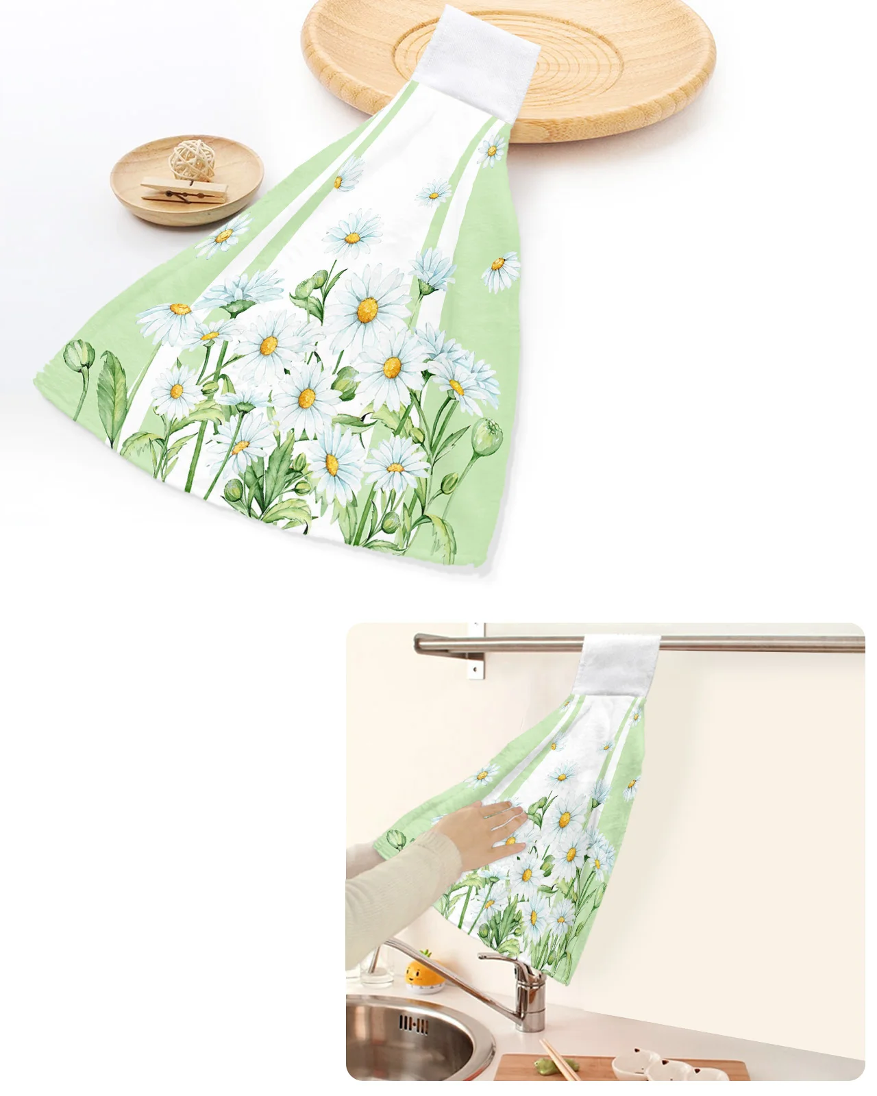 

Summer Flowers Daisies Watercolor Green Hand Towels Home Kitchen Bathroom Hanging Dishcloths Loops Absorbent Custom Wipe Towel