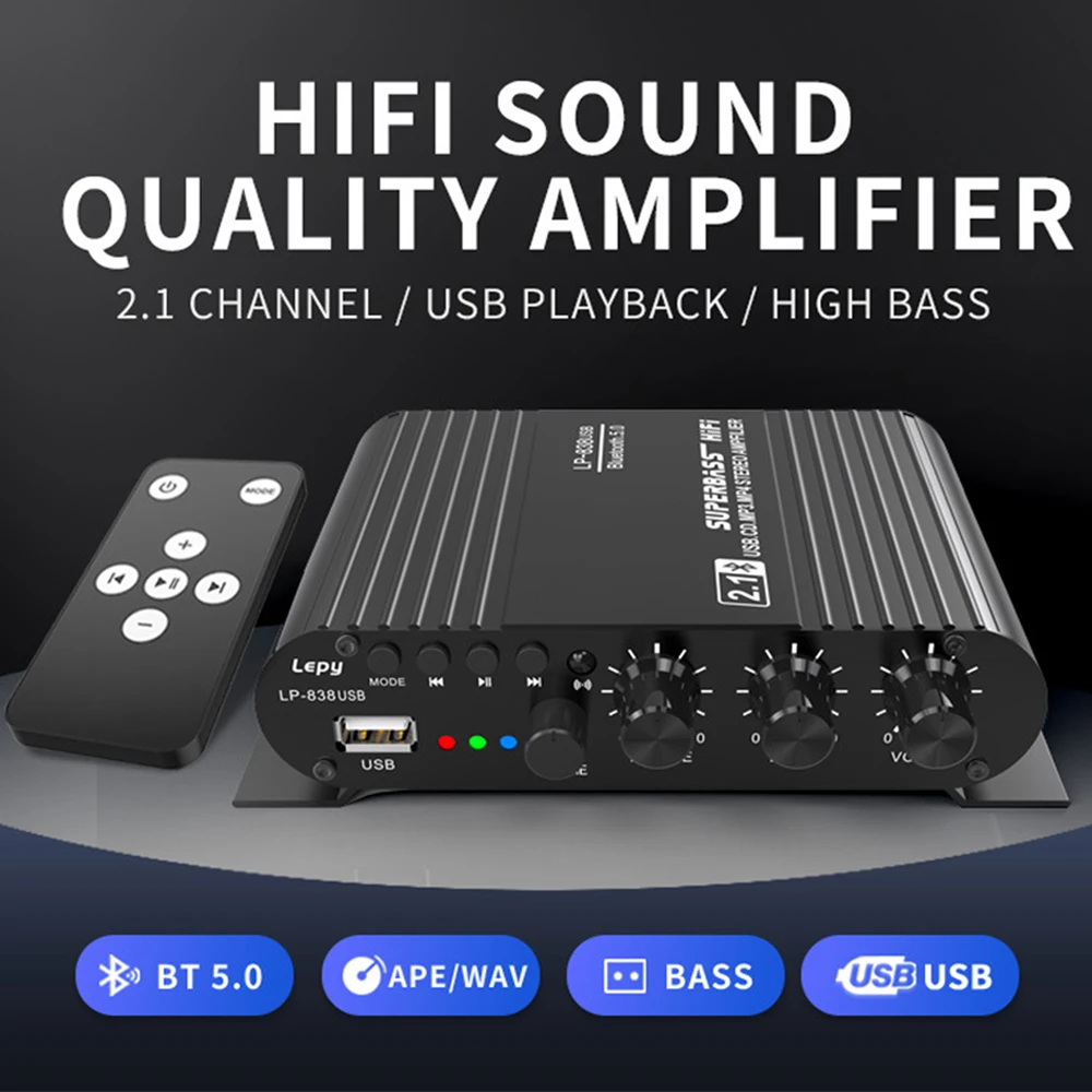 LEPY838 Mini Audio HiFi Bluetooth 5.0 Power Class D Amplifier Tpa3116 Digital Amp 50W*2 Home Audio Car Marine USB/AUX IN
LEPY838 Mini Audio HiFi Bluetooth 5.0 Power Class D Amplifier Tpa3116 Digital Amp 50W*2 Home Audio Car Marine USB/AUX IN
