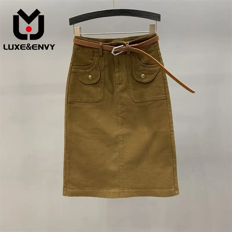 

LUXE&ENVY Khaki Knee Length Denim Skirt Women's Autumn Wear 2023 New High Waisted Slim Mid A-line Hip 2023 Autumn