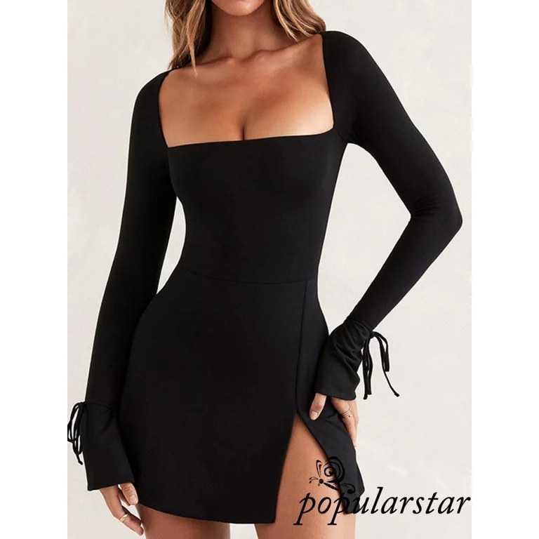 Popu-Women Spring Autumn Short Dress Solid Color Long Sleeve Square Neck Split Hem Dress
Popu-Women Spring Autumn Short Dress Solid Color Long Sleeve Square Neck Split Hem Dress