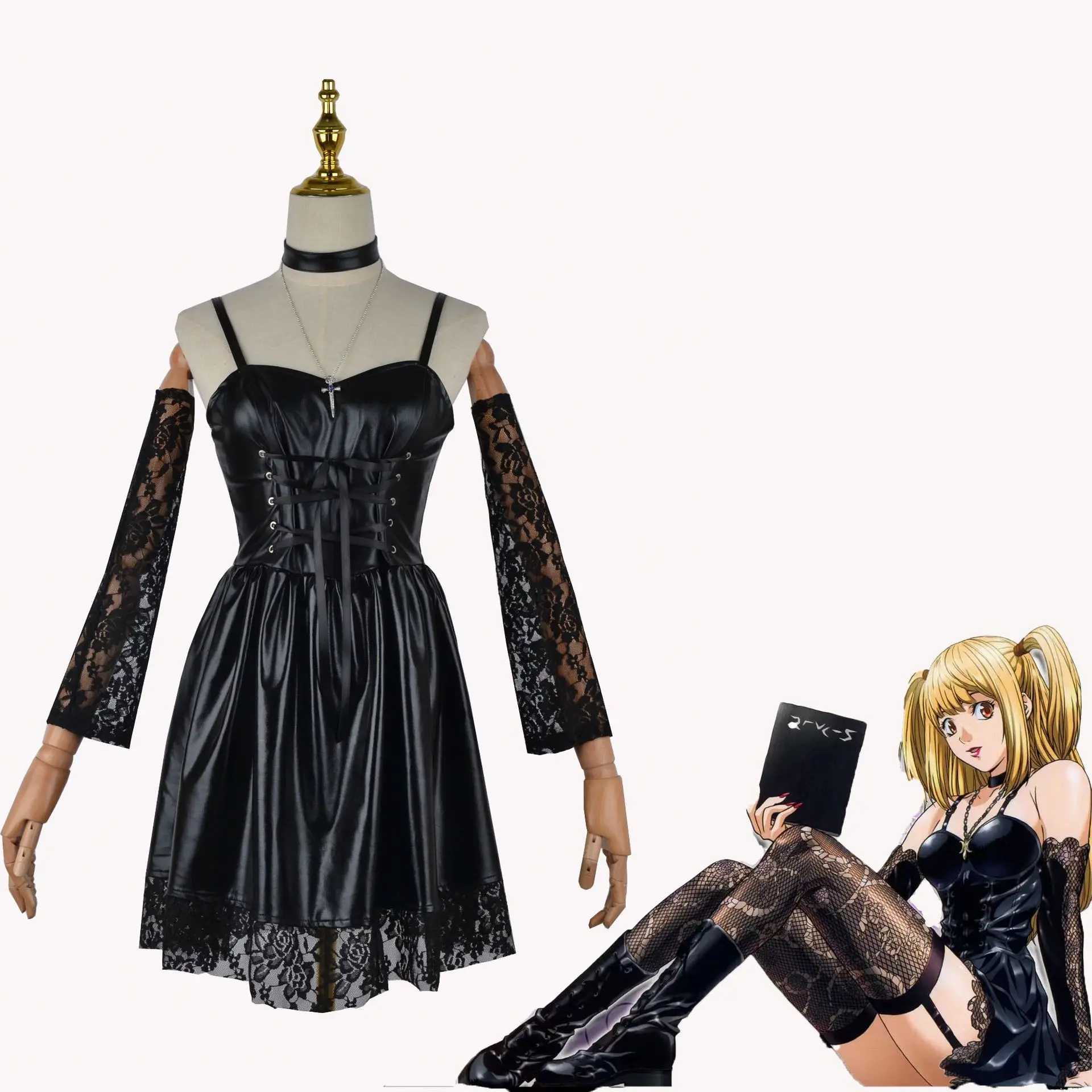 Death Note Cosplay Costume Misa Amane Imitation Leather Sexy Dress +Neck jewelry+stockings+necklace Uniform Outfit Halloween Wig
Death Note Cosplay Costume Misa Amane Imitation Leather Sexy Dress +Neck jewelry+stockings+necklace Uniform Outfit Halloween Wig