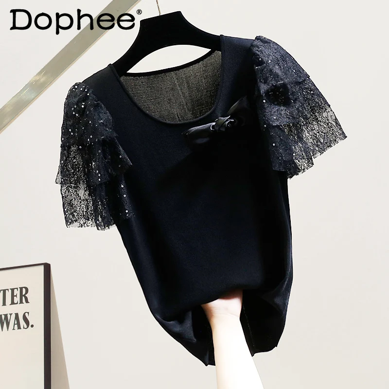 T-Shirts Womens 2022 Fashion Glitter Mesh Sleeve Stitching Three-Dimensional Flower Short Sleeve Knit Slim-Fit Tops Tide
T-Shirts Womens 2022 Fashion Glitter Mesh Sleeve Stitching Three-Dimensional Flower Short Sleeve Knit Slim-Fit Tops Tide