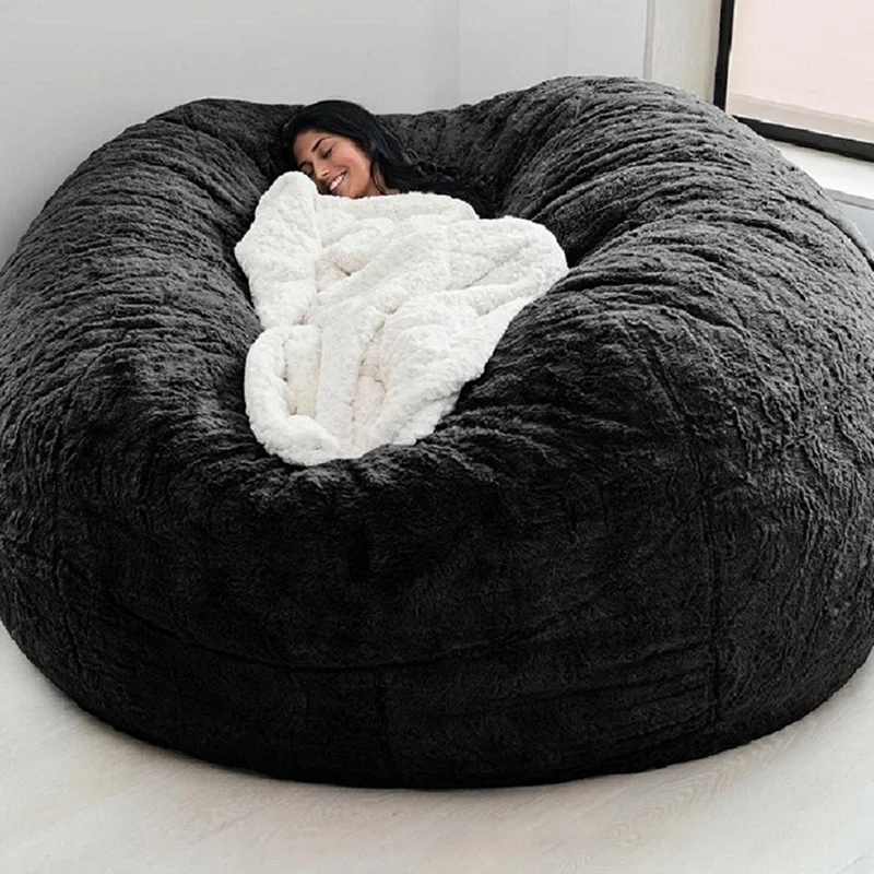 

Dropshipping giant fur bean bag cover big round soft fluffy faux fur beanbag lazy sofa bed cover living room furniture
