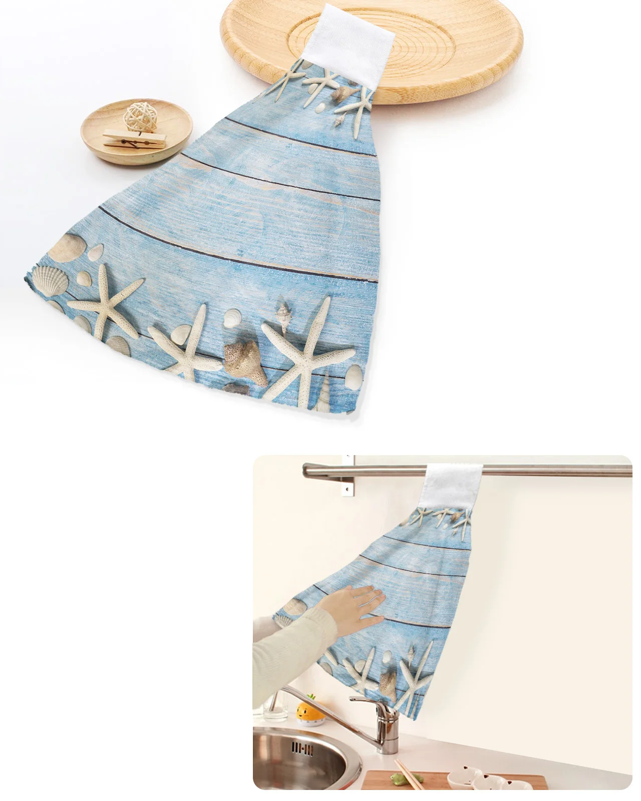 

Beach Starfish Blue Wooden Texture Hand Towels Home Kitchen Bathroom Hanging Dishcloths Loops Soft Absorbent Custom Wipe Towel