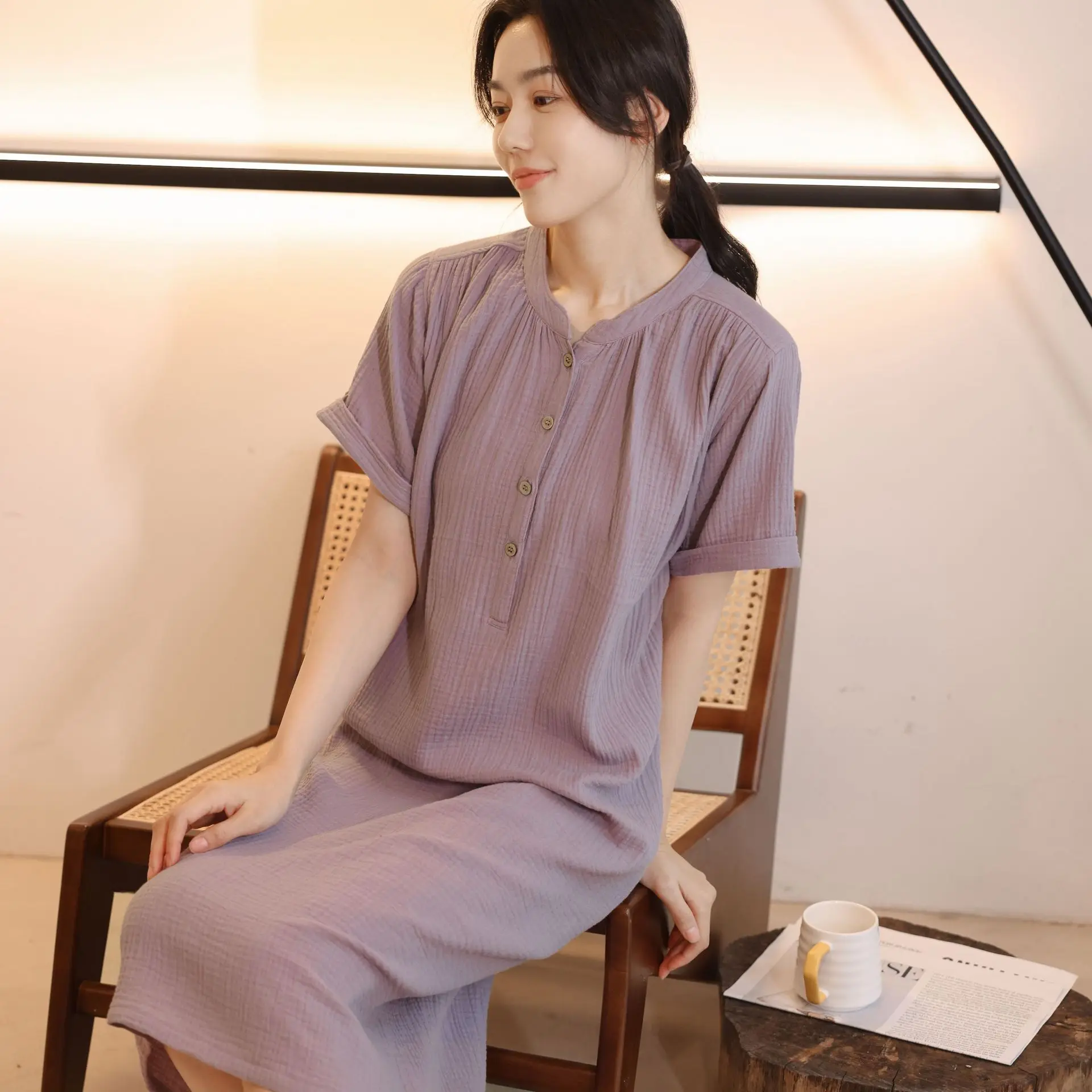 Summer Autumn Crepe Nightdress Women's Thin Short Sleeve Simple Cotton Loose Home Clothes Lady Nightgown Female Sleepwear
Summer Autumn Crepe Nightdress Women's Thin Short Sleeve Simple Cotton Loose Home Clothes Lady Nightgown Female Sleepwear