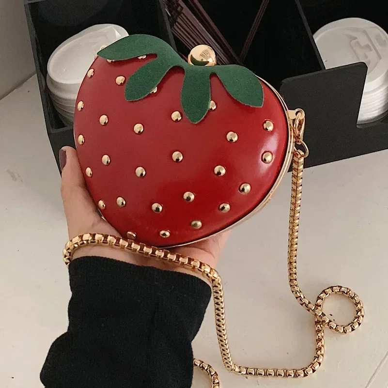 

Heart Purse Bag Pu Fashion Cute Shoulder Clutch Female Strawberry Bag Mini Fruit Flap Handbag Tote Shape Chain Ladies Rivet