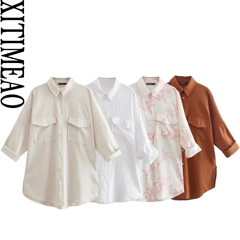 

Xitimeao Women Fashion With Pockets Oversized Shirts Vintage Roll Up Sleeve Asymmetric Loose Female Blouses Chic Tops