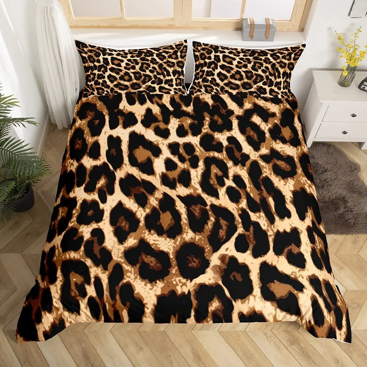 

Leopard Print Duvet Cover 240×220 Bed Black Brown Leopard Bedding Sets Africa Wild Animal Theme Bedspread Cover Comforter Cover