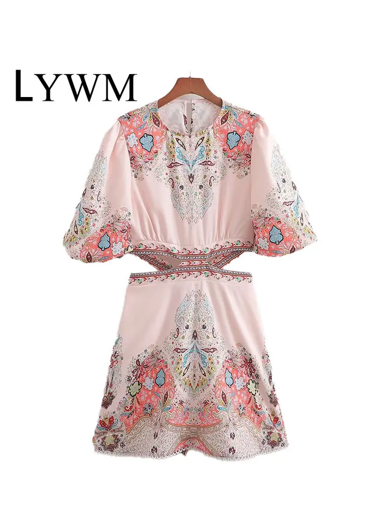 LYWM Women Fashion With Knot Printed Mini Dress Vintage O- Neck Waist Hollow Out Short Sleeves Female Chic Lady Dresses
LYWM Women Fashion With Knot Printed Mini Dress Vintage O- Neck Waist Hollow Out Short Sleeves Female Chic Lady Dresses