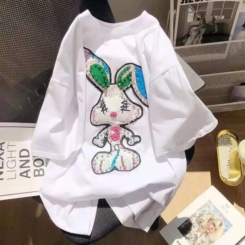 Футболка женская с коротким рукавом и принтом кролика, 100% хлопок 
Футболка женская с коротким рукавом и принтом кролика, 100% хлопок