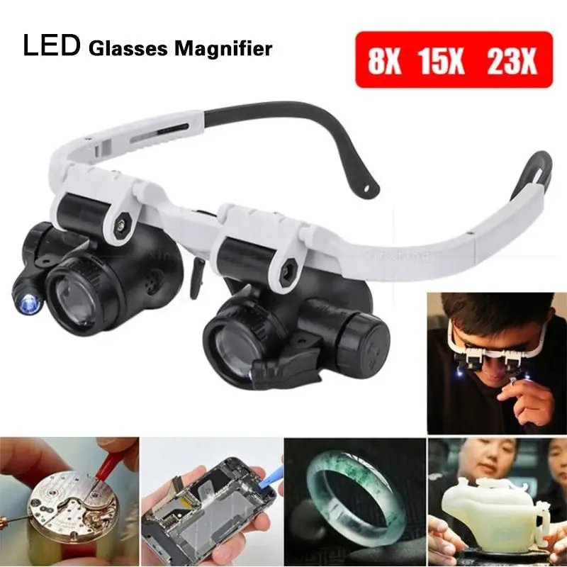 

Glasses Magnifier 8x 15x 23x Jeweler Watchmaker Headband Magnifying Glasses LED Light Optical Glass Tool Repair Reading Magnifie