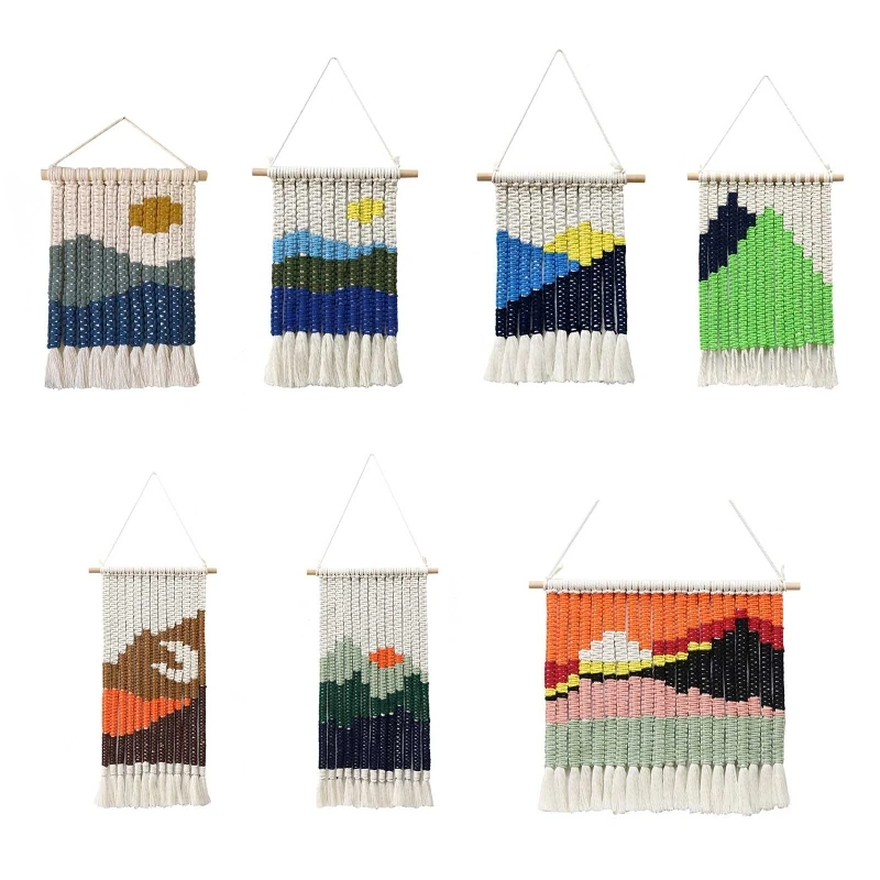 

K92A Bohemian Handmade Woven Tassel Macrame Tapestry Sunrise Sunset Mountain Landscape Wall Mural Hanging Background Banner Home