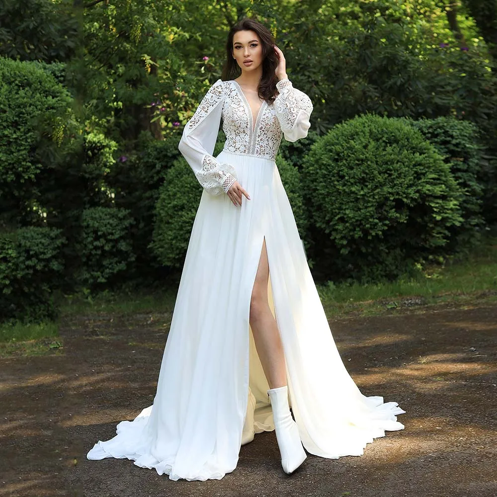 Bohemian Wedding Dresses Sexy V-Neck Lace Appliques 2022 New Bridal Gown Long Sleeve High Side Slit Chiffon Bride Dress Custom
Bohemian Wedding Dresses Sexy V-Neck Lace Appliques 2022 New Bridal Gown Long Sleeve High Side Slit Chiffon Bride Dress Custom