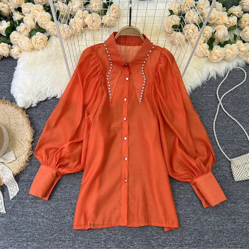 White Long Sleeve Button Up Shirt Women Spring Summer Fashion Diamonds Lapel Puff Sleeve Long Top for Ladies Elegant Office Wear 
White Long Sleeve Button Up Shirt Women Spring Summer Fashion Diamonds Lapel Puff Sleeve Long Top for Ladies Elegant Office Wear