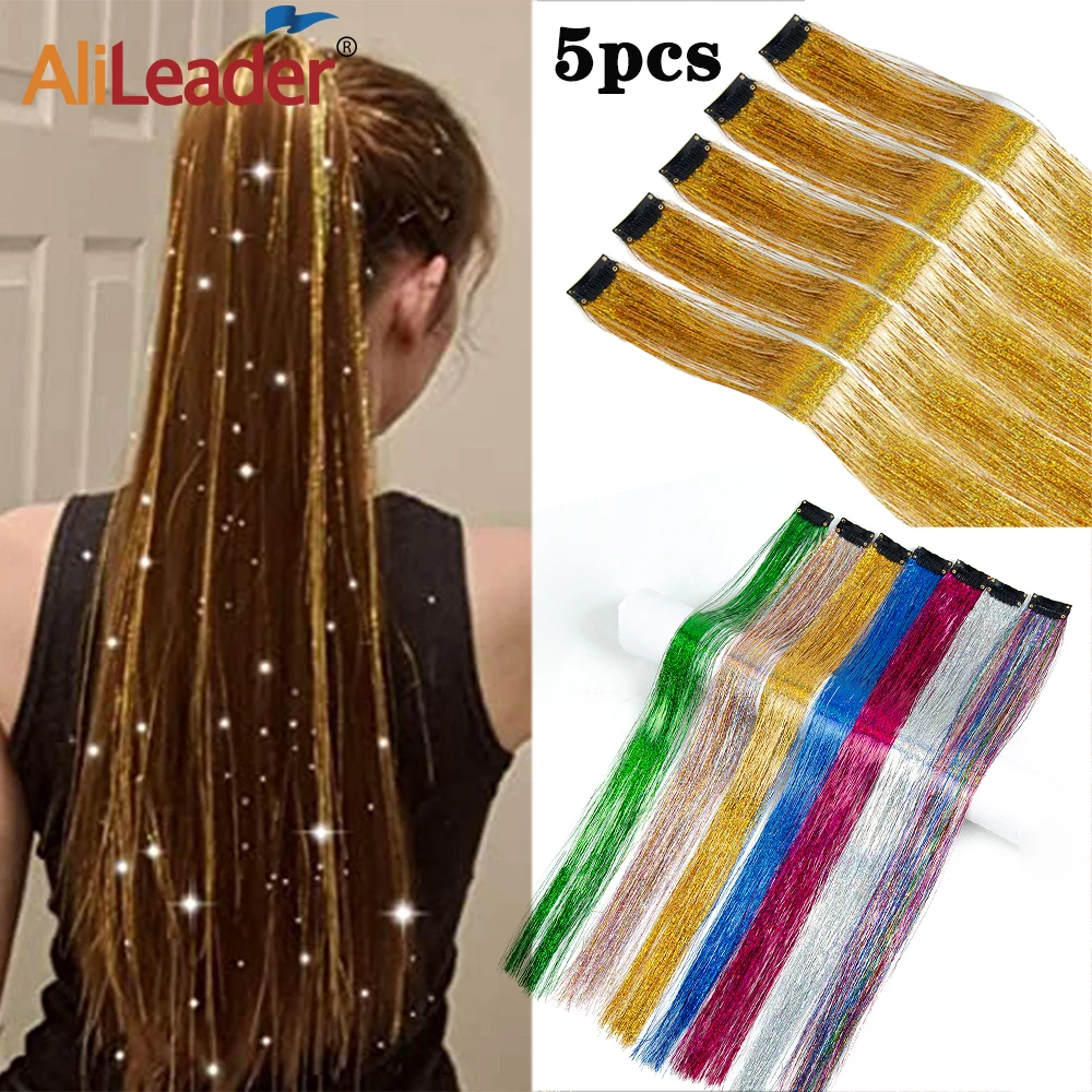 

Sparkle Hair Extension Clip In Hair Tinsel Glitter Fairy Hair Tinsel Kit Heat Resistant Colored Hair Streak Hairpieces 5Pcs