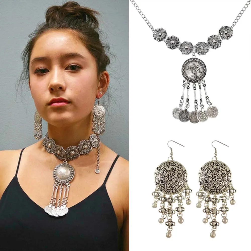 

Afghan Vintage Silver Color Metal Coin Tassel Necklaces & Earrings Sets for Women Boho Gypsy Indian Turkish Party Jewelry Sets