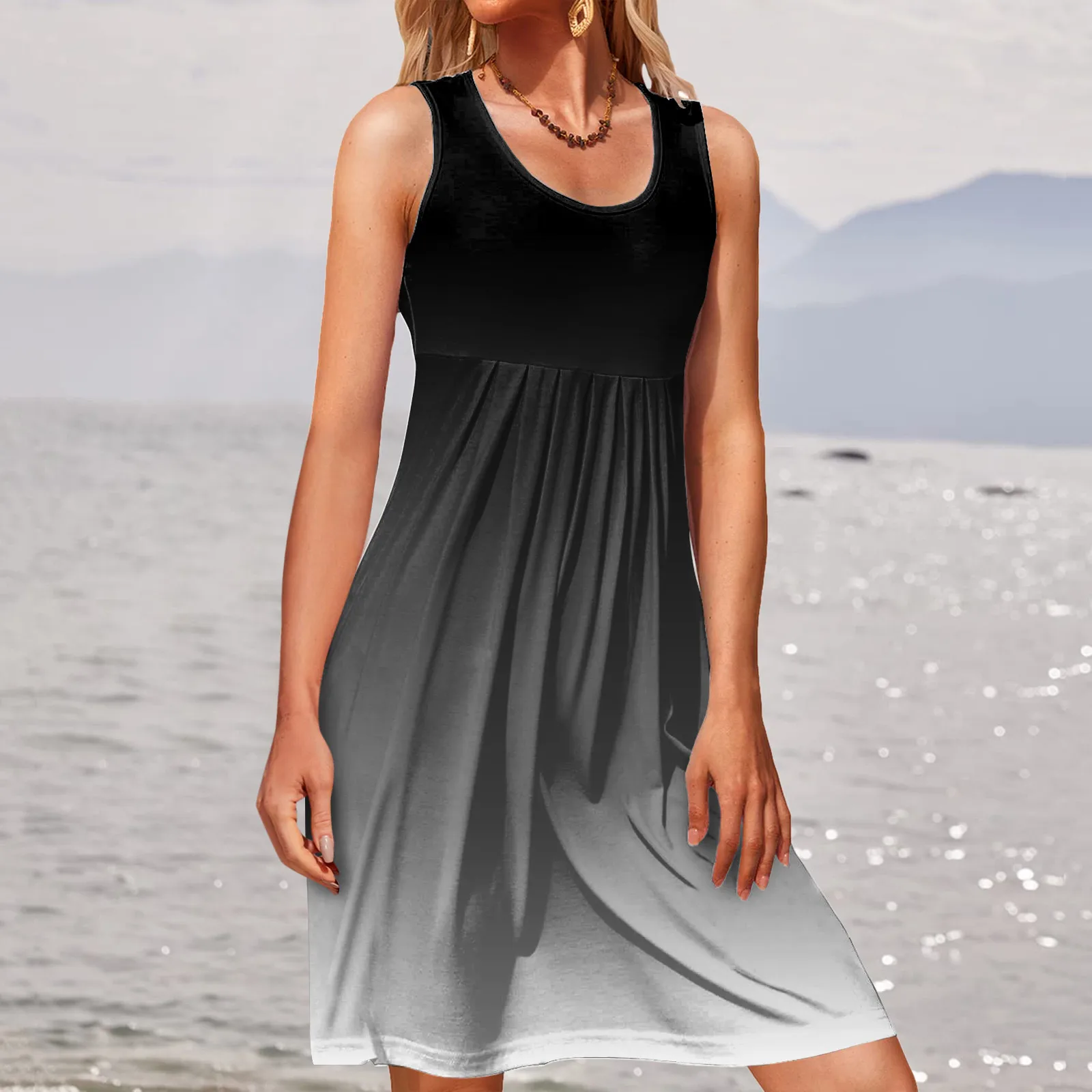 

Casual Loose Vintage Dress Women 2023 Summer Tank Vest Dresses Fashion Draped O Neck Sleeveless Holiday Vacation Beach Sundress