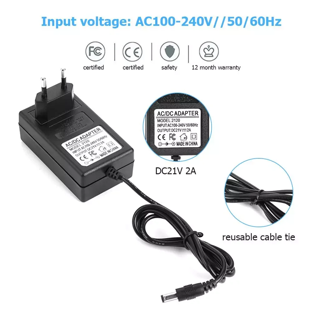 21V 2A 18650 Lithium Battery Charger DC5.5mm US EU Plug Power Adapter Charger for 18490 14650 14514430 Li-ion Battery Pack
21V 2A 18650 Lithium Battery Charger DC5.5mm US EU Plug Power Adapter Charger for 18490 14650 14514430 Li-ion Battery Pack