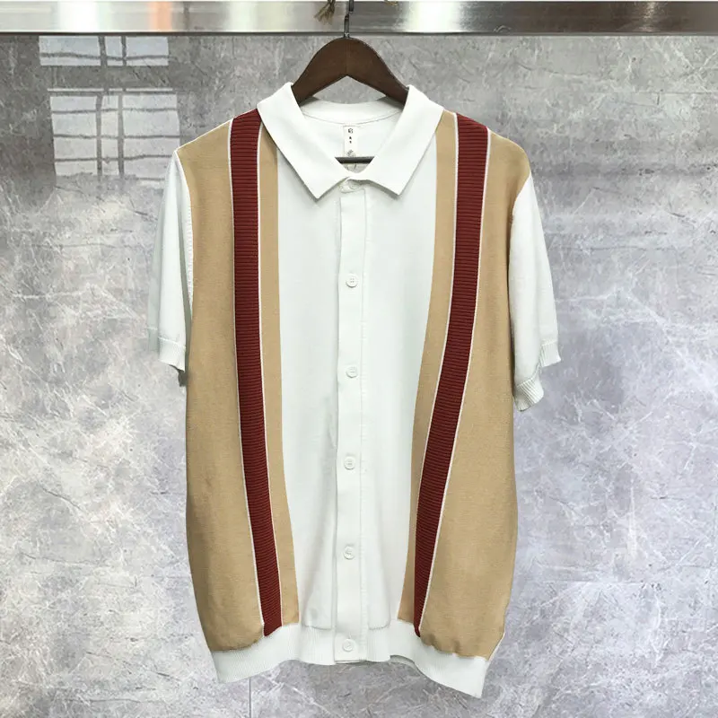 

British Slim Lapel Summer Man Short Sleeve Knitted Polo Men Stripe Polo Shirt Paneled Color Contrast Stripe Cardigan T-Shirt Men