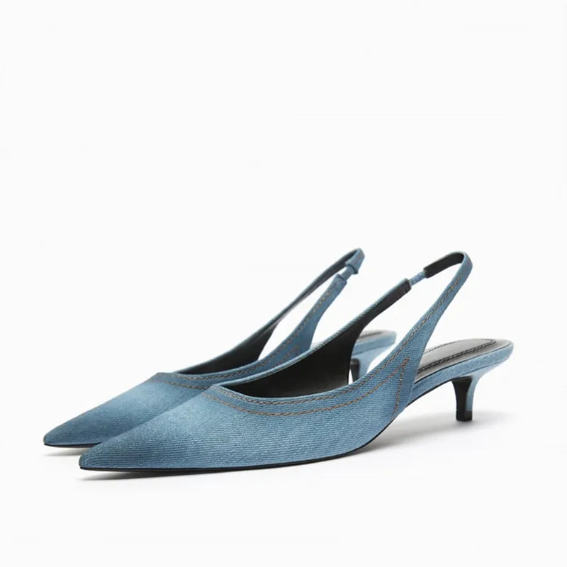 

2023 TRAF Blue Denim Slingback Pumps For Women Pointed Toe Kitten Heel Sandals Summer Heeled Heels Basic Office Lady Stiletto