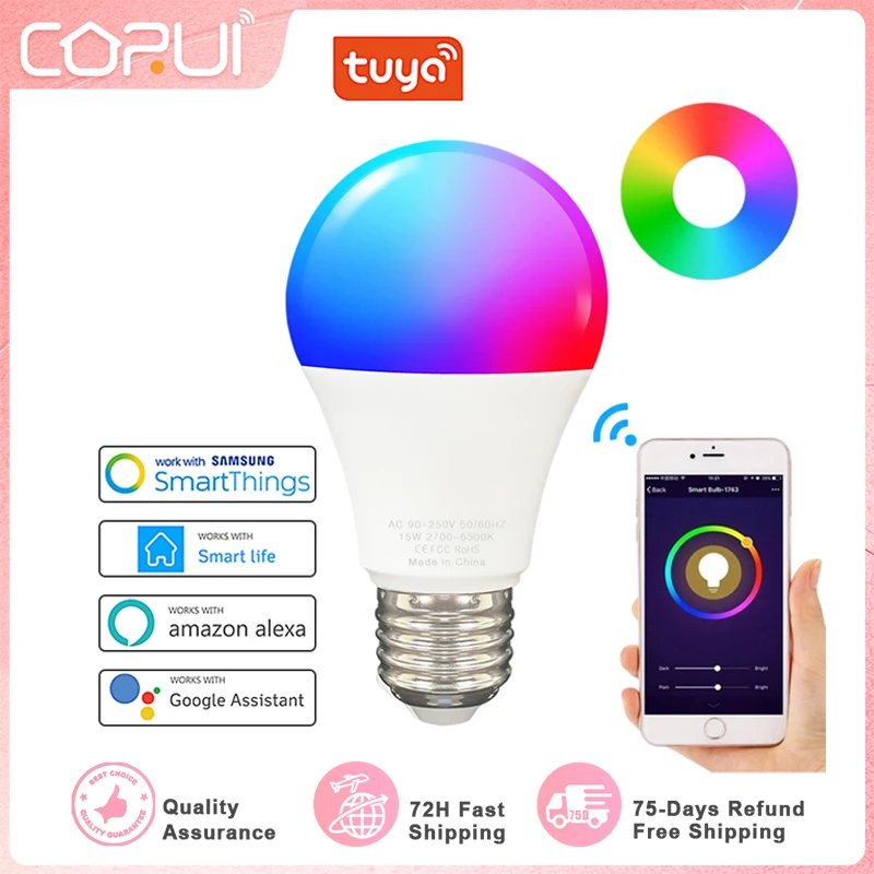 

15W/9W TUYA Smart WiFi E27 RGBCW LED Light Bulb 100-240V Dimmable Magic Bulbs Work With Alexa Google Home Yandex Alice 2PCS/4PCS