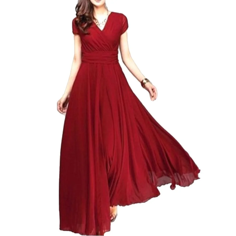 

2023 Summer Bohemian Dresses Women Evening Solid Color Short Sleeve V Neck Tight Waist Maxi Dresss Tight Waist Maxi Women Dress