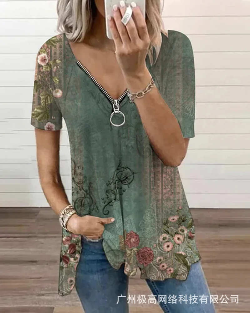 Floral Tribal Print Zipper Design Top Short Sleeve V Neck Spring Summer T Shirt Tops Blouse Printed Flower
Floral Tribal Print Zipper Design Top Short Sleeve V Neck Spring Summer T Shirt Tops Blouse Printed Flower