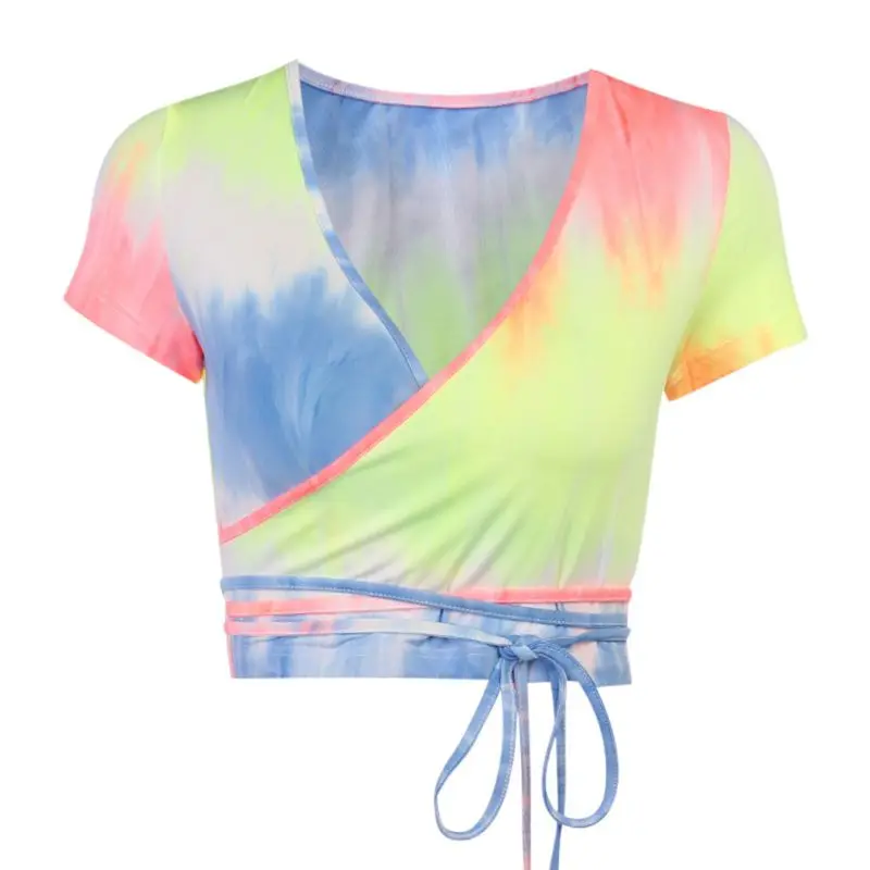 Women Short Sleeve Wrap Front Crop Top Tie-Up Bandage T-Shirt Neon Gradient Tie-Dye Printed Sexy V-Neck Summer Slim Fit
Women Short Sleeve Wrap Front Crop Top Tie-Up Bandage T-Shirt Neon Gradient Tie-Dye Printed Sexy V-Neck Summer Slim Fit