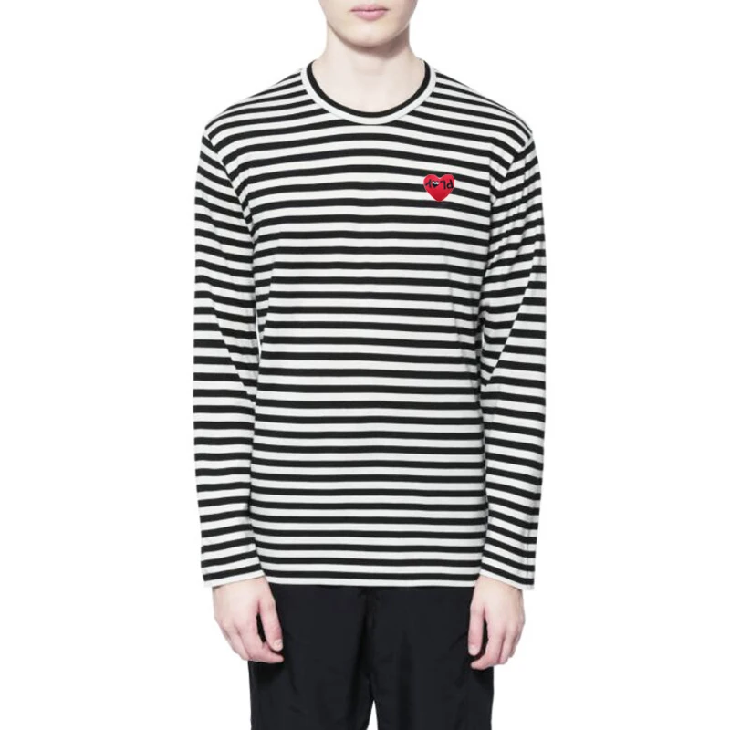 PLAY Men Striped T-Shirt Letter Embroidered Heart Cotton O-Neck Two Tone Striped Long Sleeve Spring Autumn Slim Fit T-Shirt
PLAY Men Striped T-Shirt Letter Embroidered Heart Cotton O-Neck Two Tone Striped Long Sleeve Spring Autumn Slim Fit T-Shirt