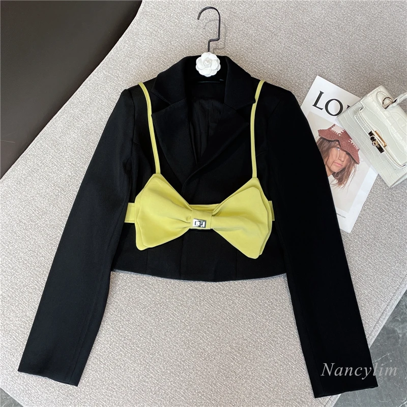 

Women Short Coat 2022 Spring and Summer New Chic Sling Vest Outer Wear + Black Jacket Slim Fit Ladies Outwears