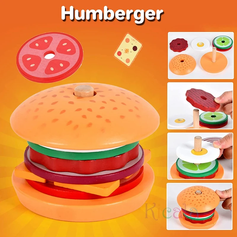 

Деревянный гамбургер Монтессори, штабелируемые Игрушки для малышей, детские дошкольные Обучающие игрушки, Играйте в еду с карточками, игрушки для детей на день рождения