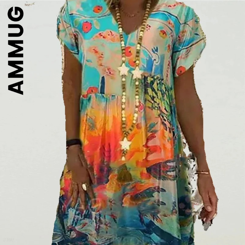 Ammug New Dress Women Soft Dresses For Women 2022 Printed Painting Dresses V Neck Printed Dress Robe Basic Holiday Female 
Ammug New Dress Women Soft Dresses For Women 2022 Printed Painting Dresses V Neck Printed Dress Robe Basic Holiday Female