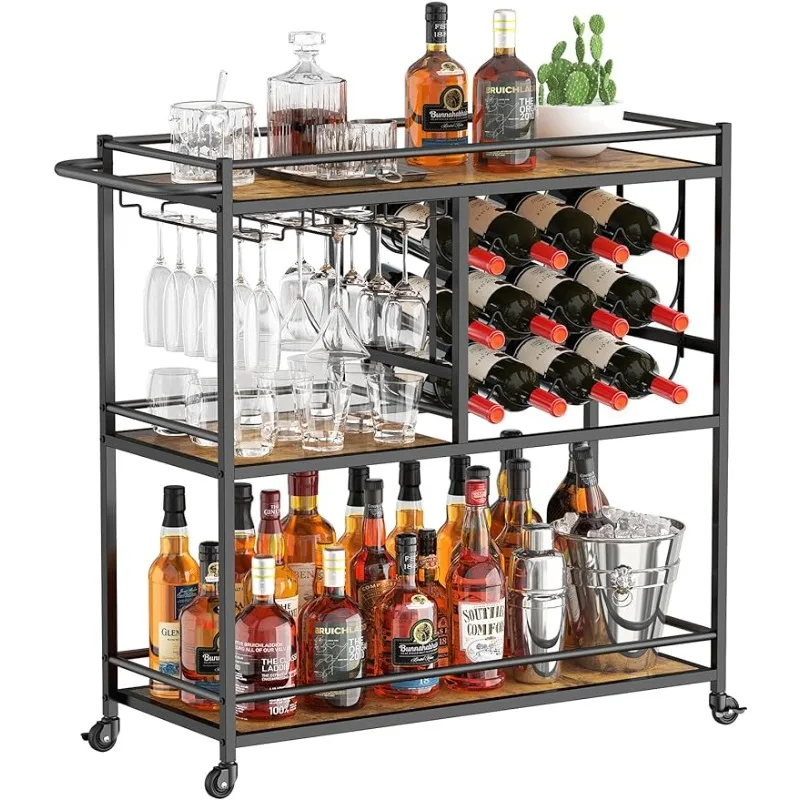 Bar Cart , 3 Tier Drink Cart,12 Wine Rack and 3 Rows Glass Holders, Liquor Serving Cart 31.6" X 13.1" X 33.9", Rustic Brown
Bar Cart , 3 Tier Drink Cart,12 Wine Rack and 3 Rows Glass Holders, Liquor Serving Cart 31.6" X 13.1" X 33.9", Rustic Brown