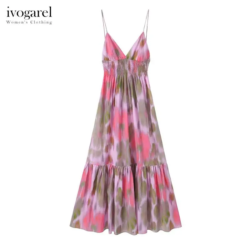 

Ivogarel Chic & Elegant Printed Midi Dress Traf Women's Open Back Party Dress V-Neckline Thin Straps Elastic Waist Ruffled Hem