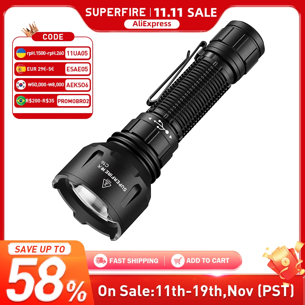 SUPERFIRE C16 перезаряжаемый алюминиевый фонарь 40 Вт
SUPERFIRE C16 перезаряжаемый алюминиевый фонарь 40 Вт