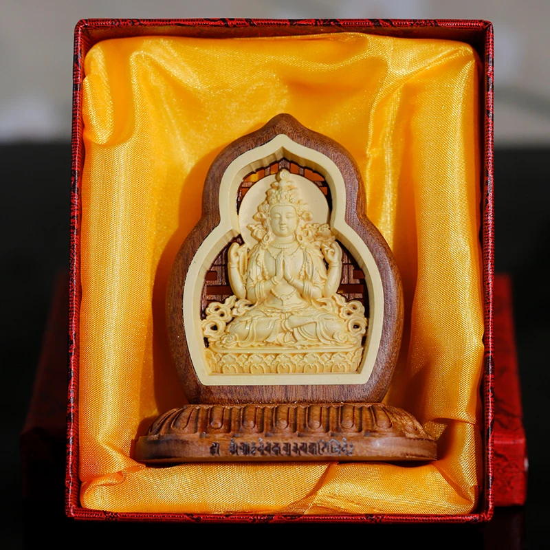 

Домашний Автомобиль Будда декоративное украшение буддизм талисман четыре руки Гуаньинь Будда талисман резьба по дереву безопасность статуя Будды