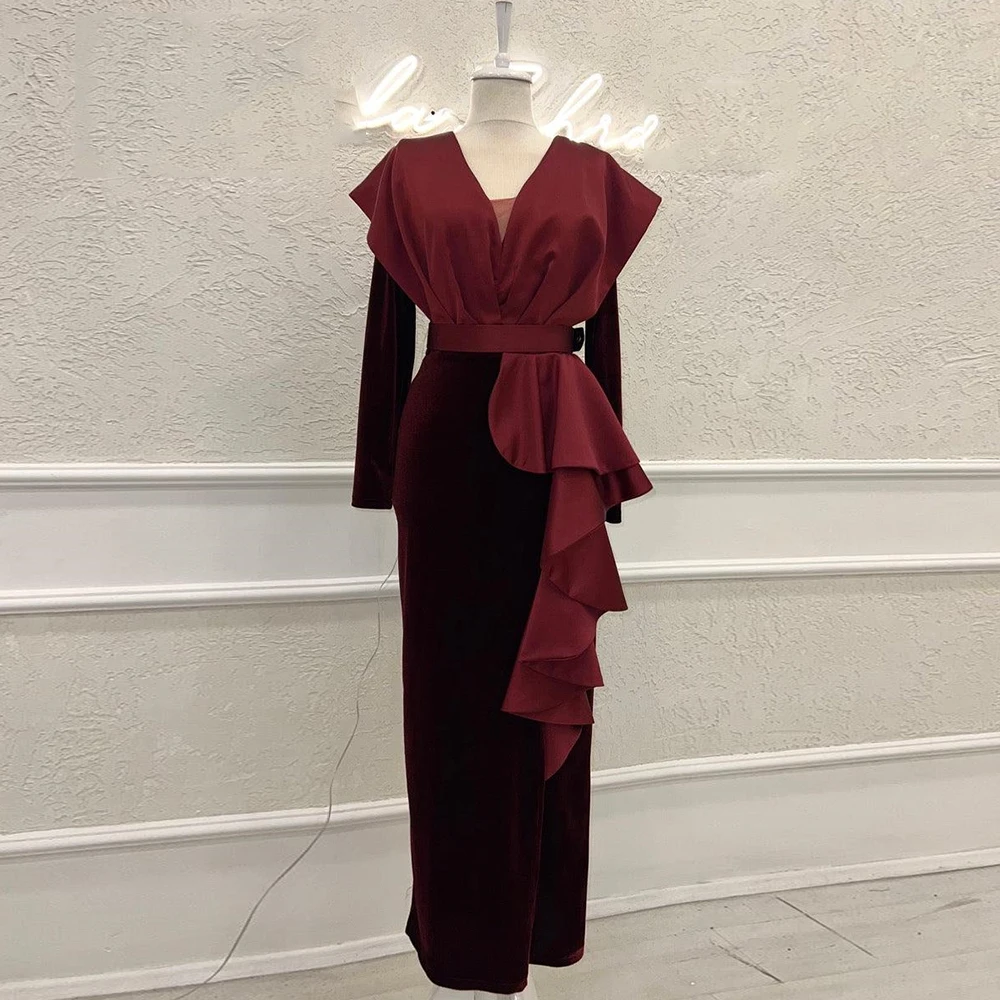 Formal Velour Evening Dresses For Women Red Double V-Neck Full Sleeves A-Line Party Gowns Floor Length Mermaid Robes De Soirée
Formal Velour Evening Dresses For Women Red Double V-Neck Full Sleeves A-Line Party Gowns Floor Length Mermaid Robes De Soirée