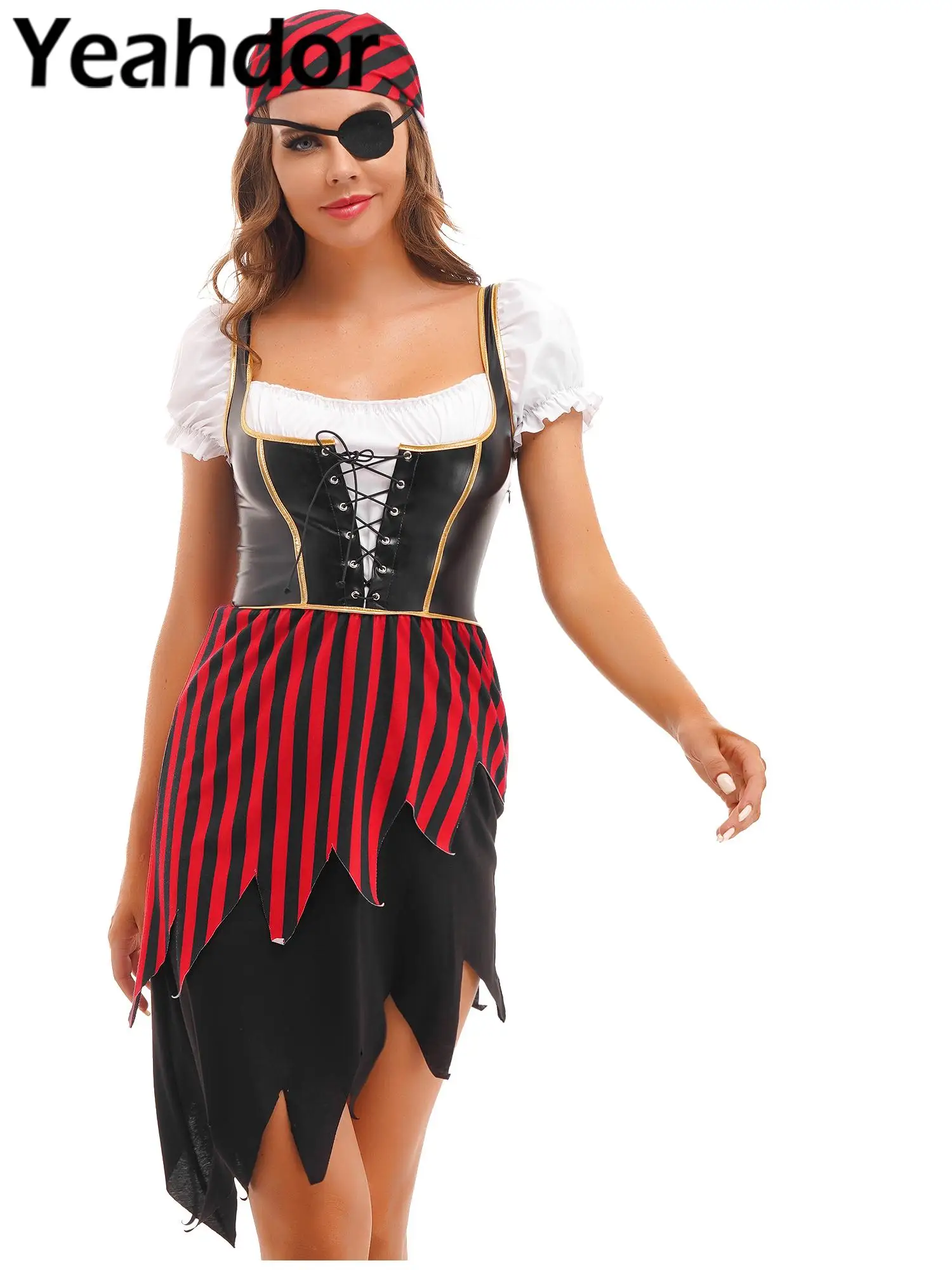 Womens Pirate Role Play Costume Halloween Theme Party Outfits Patchwork Jagged Hemline Dress with Headscarf Eye Patch Pirate
Womens Pirate Role Play Costume Halloween Theme Party Outfits Patchwork Jagged Hemline Dress with Headscarf Eye Patch Pirate