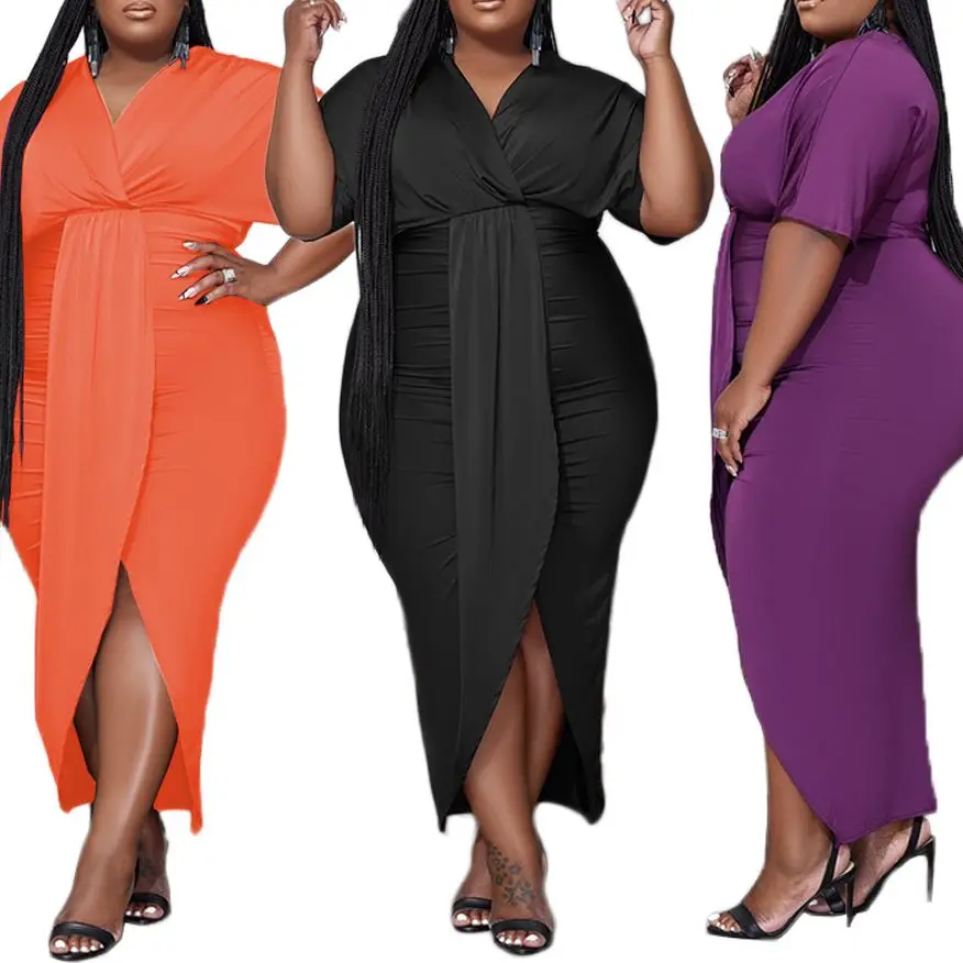 Plus Size Women Dress 2023 Women Clothings Short Sleeve Solid Color Elegant Orange Black Purple Midi V-NECK Slit Dress
Plus Size Women Dress 2023 Women Clothings Short Sleeve Solid Color Elegant Orange Black Purple Midi V-NECK Slit Dress
