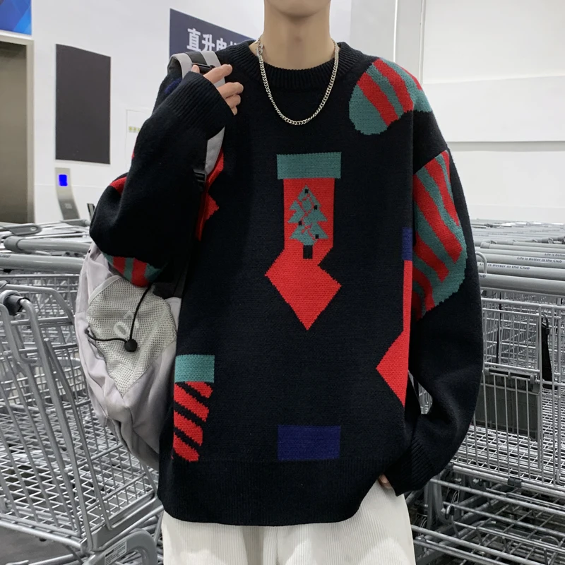 Men's Sweater Harajuku Red Geometry Pattern O Neck Knitted Pullover Retro Loose Handsome Autumn Winter Male Streetwear 2022 New
Men's Sweater Harajuku Red Geometry Pattern O Neck Knitted Pullover Retro Loose Handsome Autumn Winter Male Streetwear 2022 New